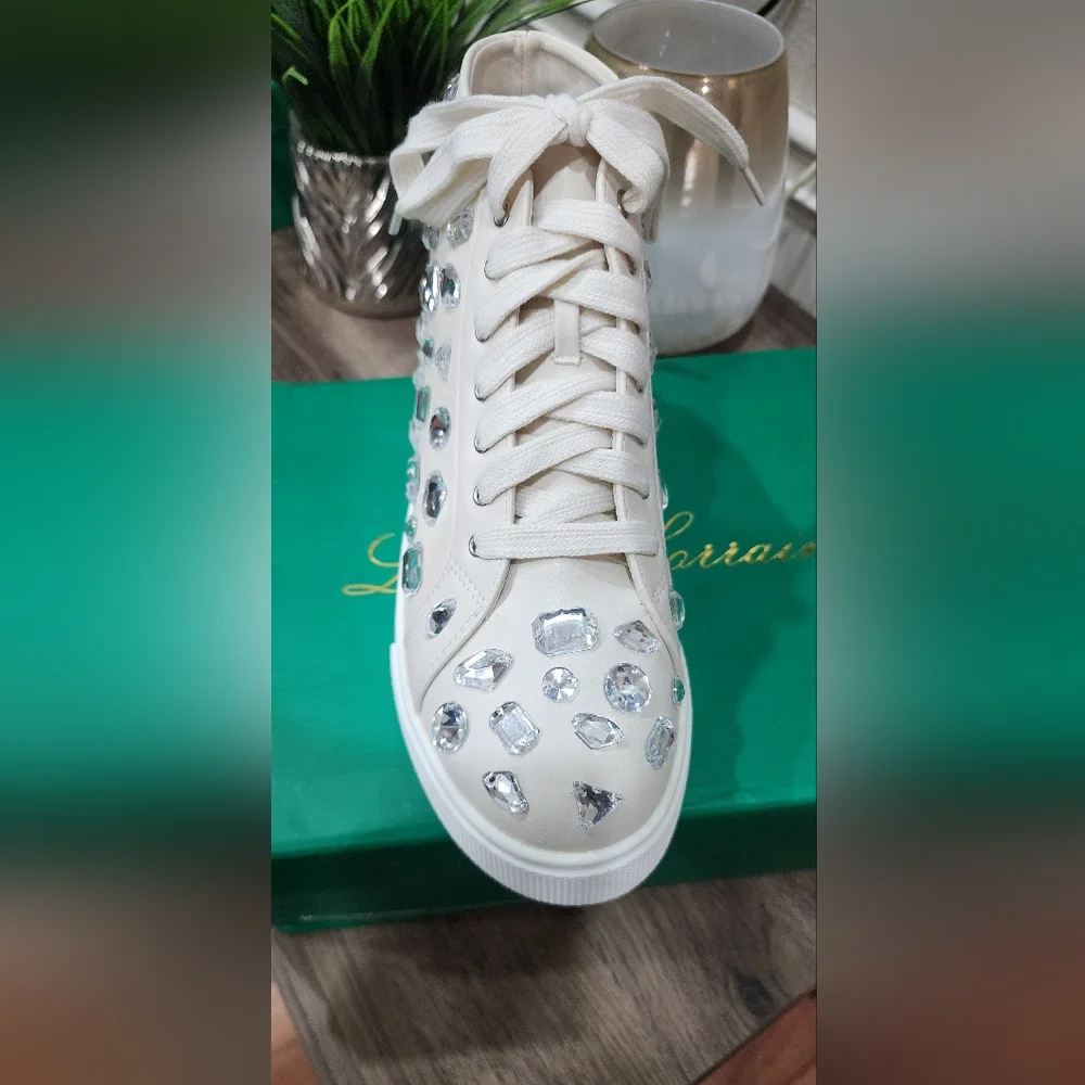 Lauren Lorraine Crystal-Studded Cream Sneakers, Sz 8.5, NWT - Picture 3 of 3